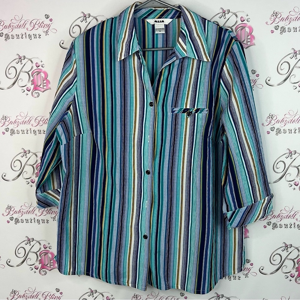 Alia button down collared stripes Blue and Green Striped Button-Down Shirt